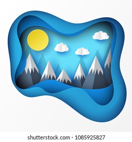 Paper art origami landscape with mountains with snow, white fluffy clouds, blue sky. Illustration of nature landscape and concept of travelling. Paper cut deep style vector