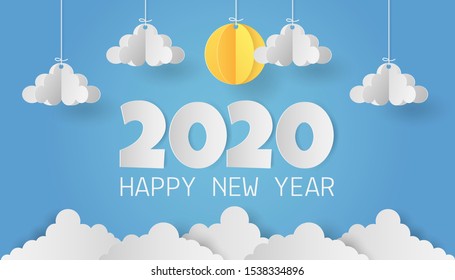 Paper art of origami mobile paper sun and cloud with 2020 happy new year text on blue sky