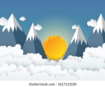 Paper art origami mountains with snow, white fluffy clouds, blue sky, sunrise. Landscape with high mountains. Illustration of nature landscape and concept of travelling.