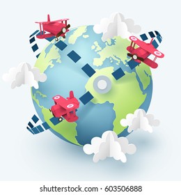 Paper art and origami of pink planes fly along airline around the world, travel and journey idea in transportation concept, vector art and illustration.