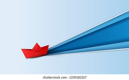 Paper art of origami red boat floating and cut a paper at the same time, Success leadership concept, Journey and travel, Vector illustration