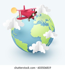 Paper art and origami of red plane fly around the world, travel and journey idea in transportation concept, vector art and illustration.