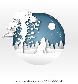 Paper art. Origami. The wolf in the winter forest. New Year. Christmas. Silhouette. For printing on postcards. For design.