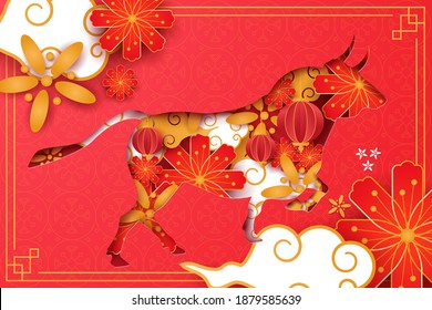 Paper art ox 2021 decoration for lunar year banner, may you welcome happiness in chinese characters Premium Vector