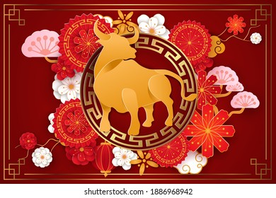 Paper art ox 2021 decoration greeting card for lunar year banner, may you welcome happiness in china characters. Premium Vector