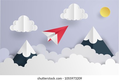 Paper art of palne flying on the sky with  cloud, mountain and sky. paper art origami design.