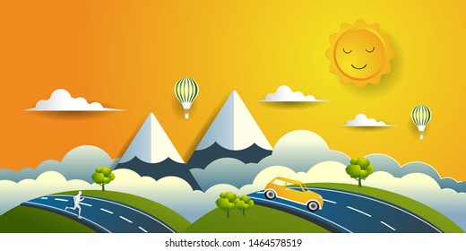 Paper art of Panorama landscape and car moving along the road on mountain in spring time, Flat and digital craft style vector illustration.