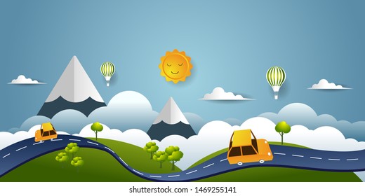 Paper art of Panorama landscape and car moving along the road on mountain in spring time, Flat and digital craft style vector illustration.