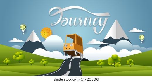 Paper art of Panorama landscape and car moving along the road on mountain in spring time, Flat and digital craft style vector illustration.