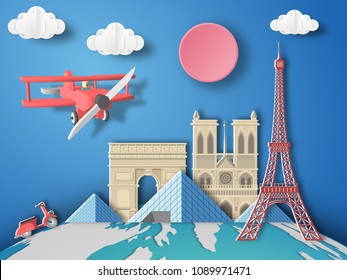 Paper art Paris,france infographic . Airplane flying to Singapore.