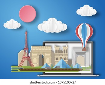 Paper art Paris,France infographic . France cityscape with labtop .