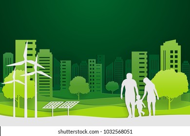 Paper art and park on green town shape, vector art and illustration.