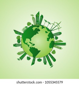 Paper art and park on green town shape, vector art and illustration.