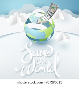 Paper art of the peeled world turn to money with save the world calligraphy text, vector art and illustration.