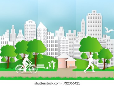 Paper art of people and pets with city and bicycle on green background, ecology idea
