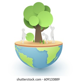 Paper art of people try to set up and build a tree, world sustainable environment friendly concept, vector art and illustration.