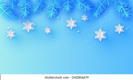 Paper art of pine leaves decorate with paper snowflake hanging down in Winter. Winter background with text space. paper cut and craft style. vector, illustration.