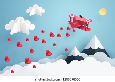 Paper art of pink air plane flying and scatter heart in the sky, origami and valentine's day celebrate concept, vector art and illustration.