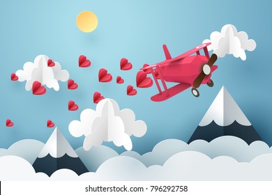 Paper art of pink air plane flying and scatter heart in the sky, origami and valentine's day concept, vector art and illustration.