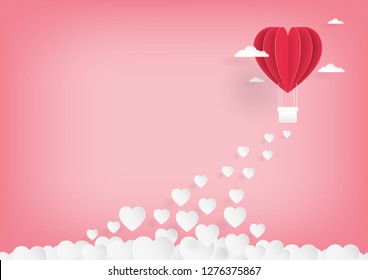 Paper art of pink balloon flying on the sky and scatter heart in the sky, vector art and illustration of love and valentine, Digital paper craft style.