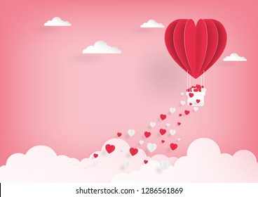 Paper art of pink balloon flying on the sky and scatter heart in the sky, vector art and illustration of love and valentine, Digital paper craft style.