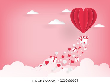 Paper art of pink balloon flying on the sky and scatter gift box ribbon heart in the sky, vector art and illustration of love and valentine, Digital paper craft style.