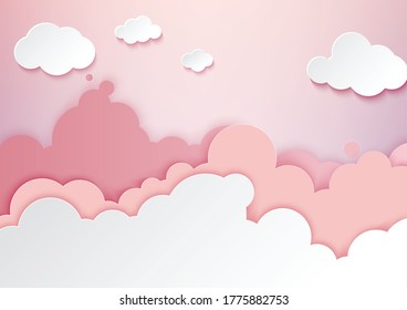 Paper art, pink clouds in the sky, vector art and illustration