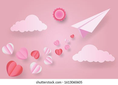 Paper Art, Pink origami paper plane send heart while flying on sky in love valentine's day,