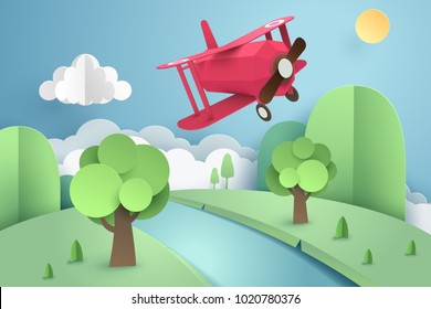 Paper art of pink plane flying above forest and river, origami and travel concept, vector art and illustration.