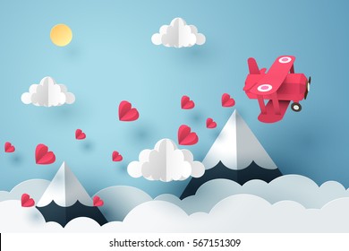 Paper art of pink plane flying and scatter heart in the sky, origami and valentine's day concept, vector art and illustration.