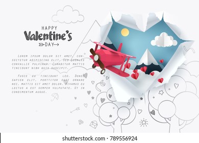 Paper art of pink plane flying through heart hole and scatter heart in the air with Happy valentine's day and copy space, vector art and illustration.