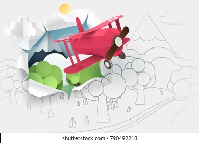 Paper Art Of Pink Plane Flying Through Paper Of Hand Drawing Forest And River, Origami And World Sustainable Environment Friendly Idea, Vector Art And Illustration.