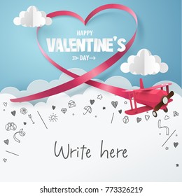 Paper art of pink plane pulling long tails ribbon to make a heart shape with doodles love icon and copy space, origami and valentine's day concept, vector art and illustration.