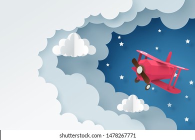 Paper art of plane flying through cloud at night, paper art concept and tourism idea, vector art and illustration.