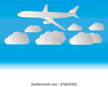 paper art of The plane is flying through the sea and flying high above the clouds.