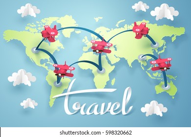 Paper art of a planes fly along airline around the world, travel and journey idea in transportation concept, vector art and illustration.