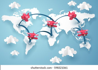 Paper art of a planes fly along airline around the world, travel and journey idea in transportation concept, vector art and illustration.