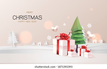 paper art polygon Merry christmas and Happy New Year.gifts boxes Holiday banner in winter season web poster, flyer, stylish brochure, greeting card, minimal illustation vector.