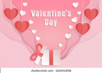 Paper art of presents and hearts hang on pink background, origami and valentine's day concept, vector art and illustration, digital craft style.