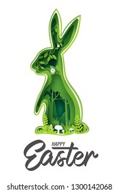 Paper art of rabbit in the forest, Happy easter celebration concept, vector art and illustration.