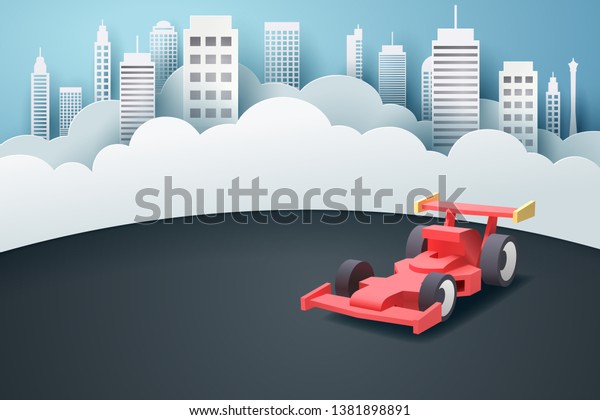 Paper art of racing car and town, vector\
art and illustration.