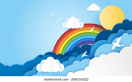 Colores arcoiris de arte de papel con sol, pájaro y nube en el cielo. el arco iris es rojo, naranja, amarillo, verde, azul, añil y violeta. diseño vectorial.