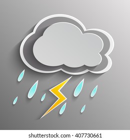 Paper art of Rainy cloud with lightning icon