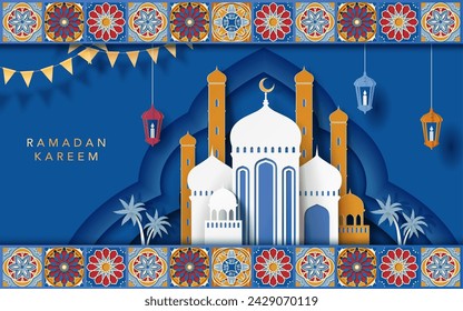 Paper art Ramadan Kareem banner with floral arabesque and mosque scenery on blue background.