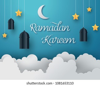 Paper Art Of Ramadan Lantern And Star In The Sky, Origami And Ramadan Kareem Concept,vector Paper Art And Digital Craft Style.