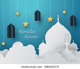 Paper Art Of Ramadan Lantern And Star In The Sky, Origami And Ramadan Kareem Concept,vector Paper Art And Digital Craft Style.