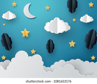 Paper Art Of Ramadan Lantern And Star In The Sky, Origami And Ramadan Kareem Concept,vector Paper Art And Digital Craft Style.