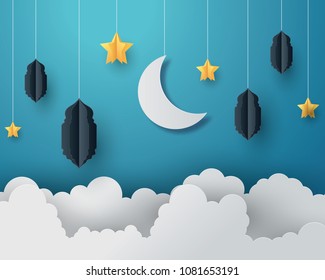 Paper Art Of Ramadan Lantern And Star In The Sky, Origami And Ramadan Kareem Concept,vector Paper Art And Digital Craft Style.