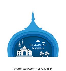 Paper art of ramadan lantern and star in the sky, ramadan kareem concept,vector paper art and digital craft style. ramadan background, vector illustration.