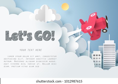 Paper art of red air plane flying out from cloud with let's go text and copy space, Origami idea and start up or adventure concept, vector art and illustration.